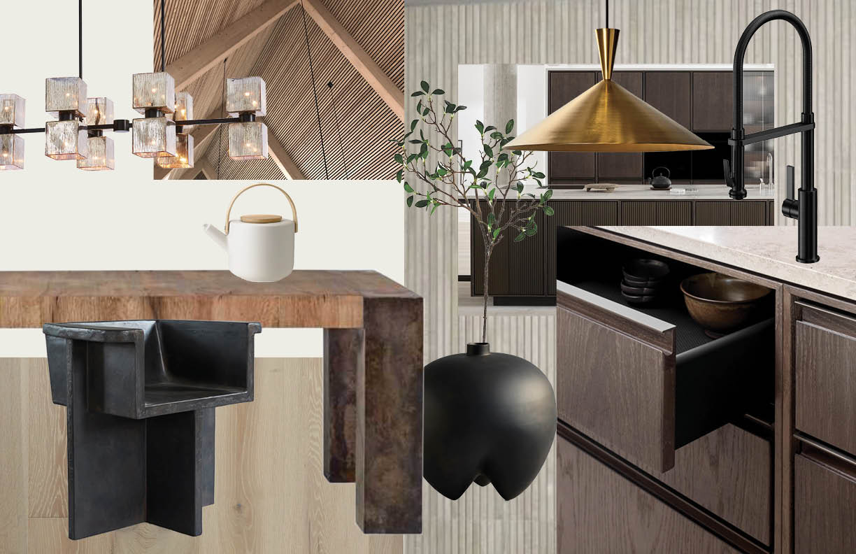 Kitchen with a brass pendant, wood table, and dark cabinetry.