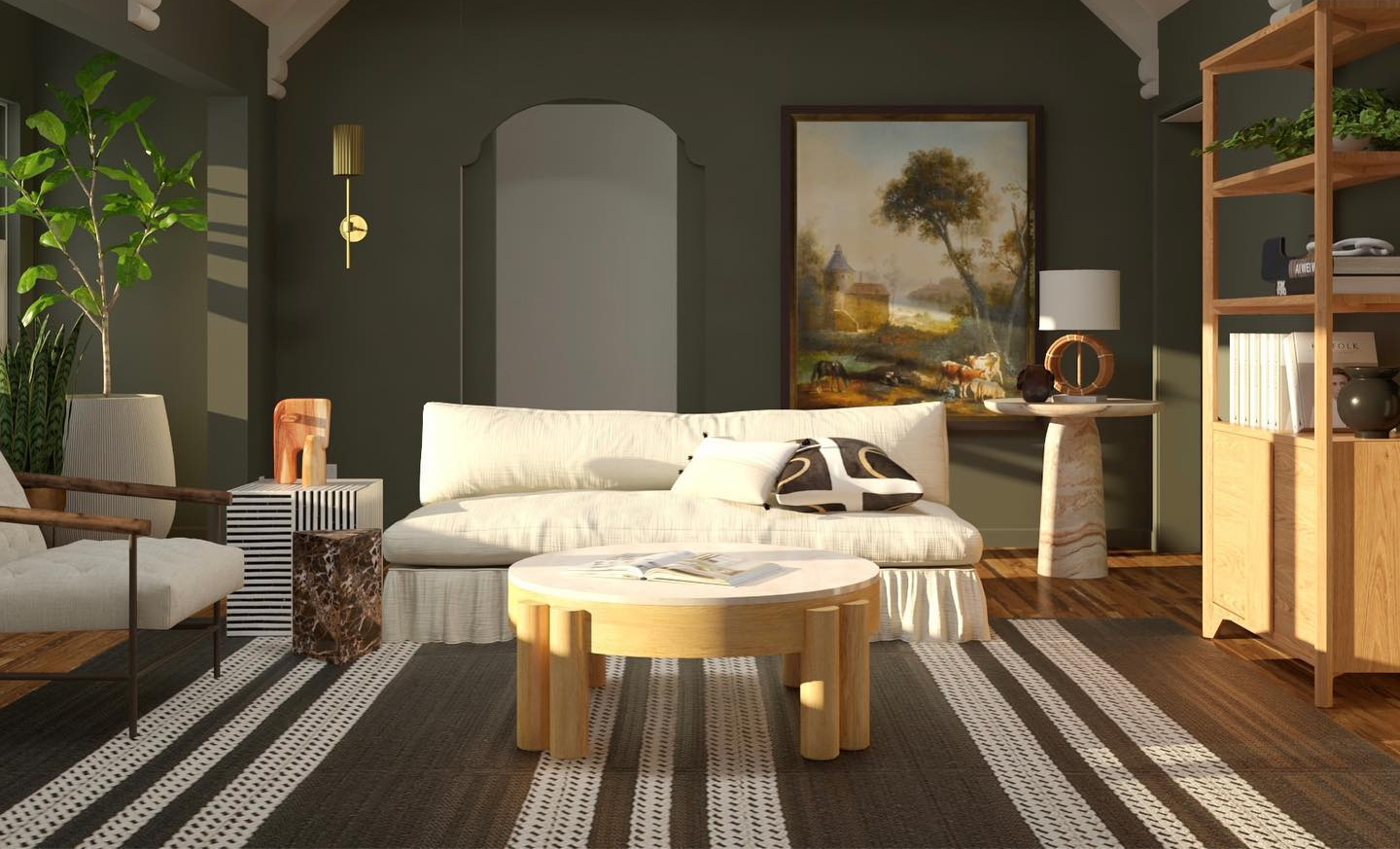 Modern living room with a white sofa and a round coffee table.